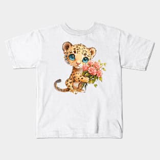 Valentine Jaguar Giving Flowers Kids T-Shirt